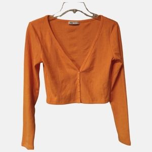 ZARA Cropped Ribbed Bolero Long Sleeve Button Down Cardigan Top Sz. M